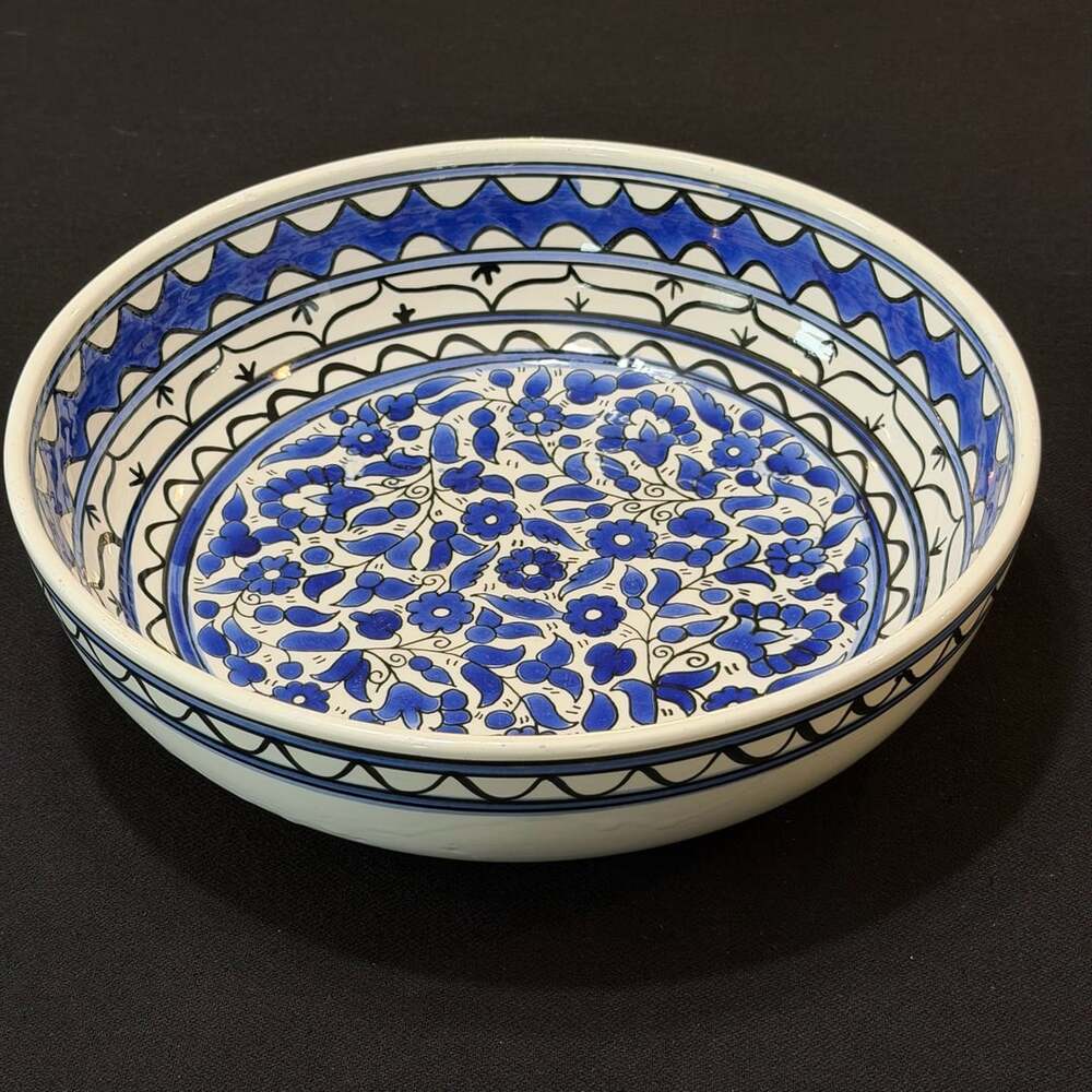 Artisan Ceramic Serving Bowl Blue & White Floral 12”